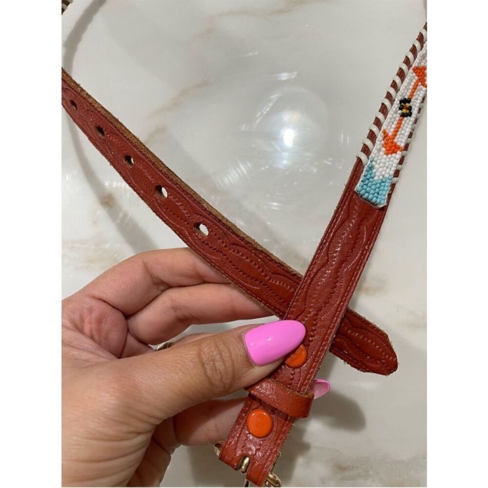 Vintage Beaded Leather Belt Western Native American Thunderbird size small - Picture 7 of 7